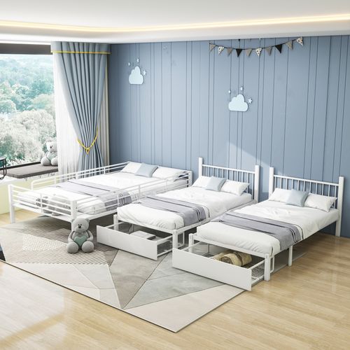 Lit Superposé Métal 90x200/140x200 Cm Avec Rangement Et Barrière Anti-chute - Blanc