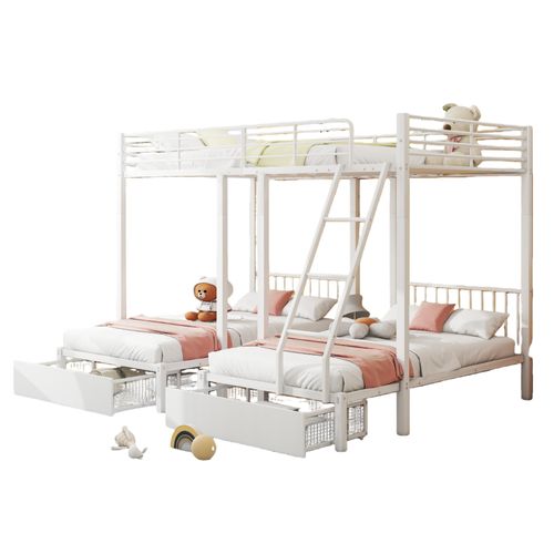Lit Superposé Métal 90x200/140x200 Cm Avec Rangement Et Barrière Anti-chute - Blanc