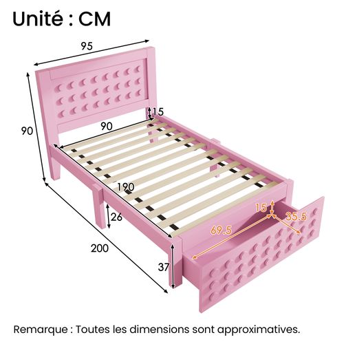 Lit Simple 90x190 Cm Avec Rangement, Tiroirs, Sommier Inclus - Mdf/bois  - Rose