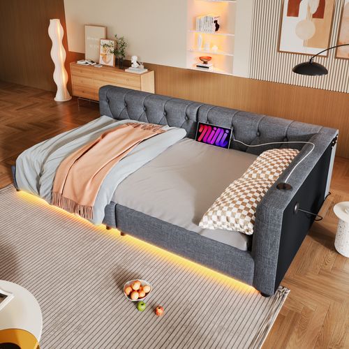 Lit Banquette 90x200 Cm - Capitonné Simple Avec USB, LED Et Tête Rembourrée - Gris