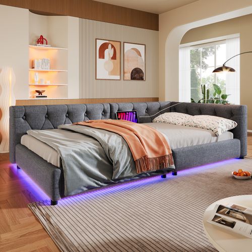 Lit Banquette 90x200 Cm - Capitonné Simple Avec USB, LED Et Tête Rembourrée - Gris