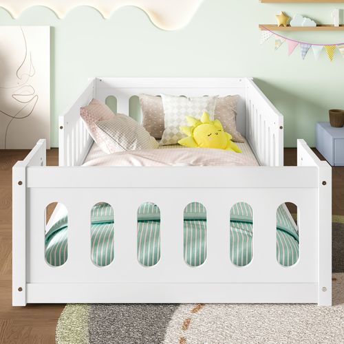 Lit Enfant 90x200 cm - Lit à Barrière Avec Ouverture Sécurisée, Bois Massif/mdf - Blanc