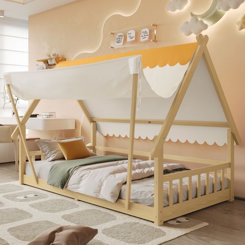 Lit Enfant 90x200 Cm - Lit Cabane Avec Barrières Et Sommier - Bois Pin/contreplaqué