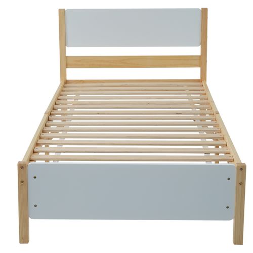 Lit Simple 90x200 Cm - Lit Ado Ou Adulte - Bois De Pin - Blanc Et Naturel