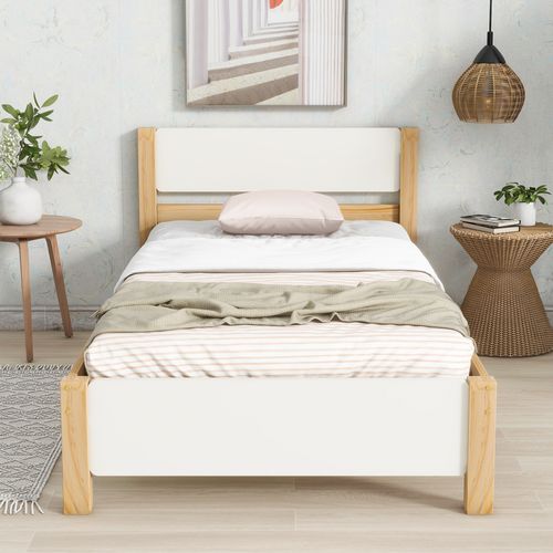Lit Simple 90x200 Cm - Lit Ado Ou Adulte - Bois De Pin - Blanc Et Naturel
