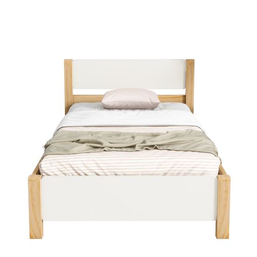 Lit Simple 90x200 Cm - Lit Ado Ou Adulte - Bois De Pin - Blanc Et Naturel