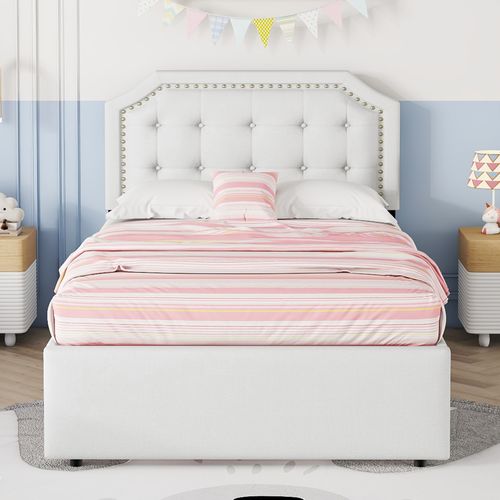 Lit 90x200 Cm Avec Rangement - Lit Simple Capitonné, 2 Tiroirs, Tête Courbée Cloutée - Lin Beige