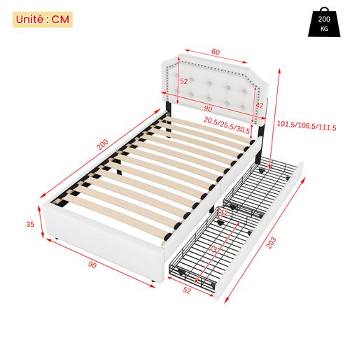 Lit 90x200 Cm Avec Rangement - Lit Simple Capitonné, 2 Tiroirs, Tête Courbée Cloutée - Lin Beige
