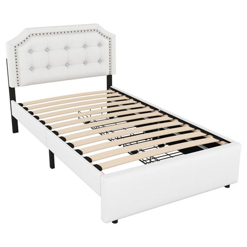 Lit 90x200 Cm Avec Rangement - Lit Simple Capitonné, 2 Tiroirs, Tête Courbée Cloutée - Lin Beige