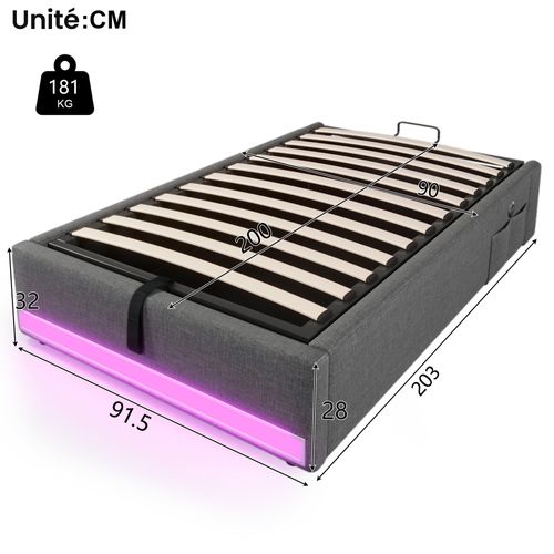 Lit Coffre 90x200 Cm - Lit Simple Ado Avec LED Et Ports USB Type-c, Mdf Et Revêtement Lin - Beige