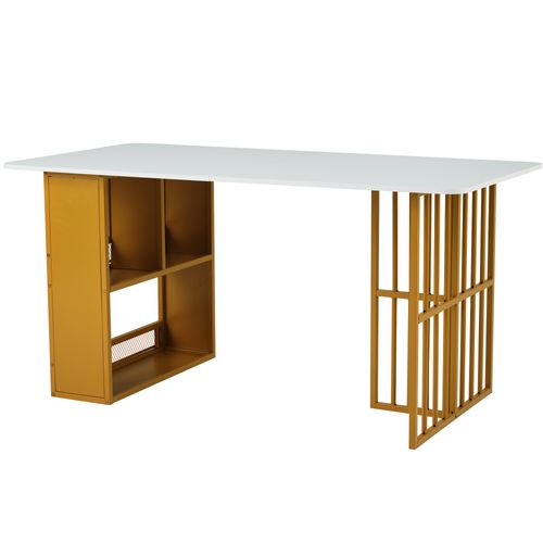 Table à Manger Rectangulaire, Plateau Blanc, Pieds Métal Doré, Style Moderne, Panneaux De Particules