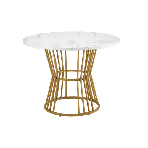 Table à Manger Ronde Avec Plateau Mdf Effet Marbre Et Pieds Métal Doré – Blanc Et Or