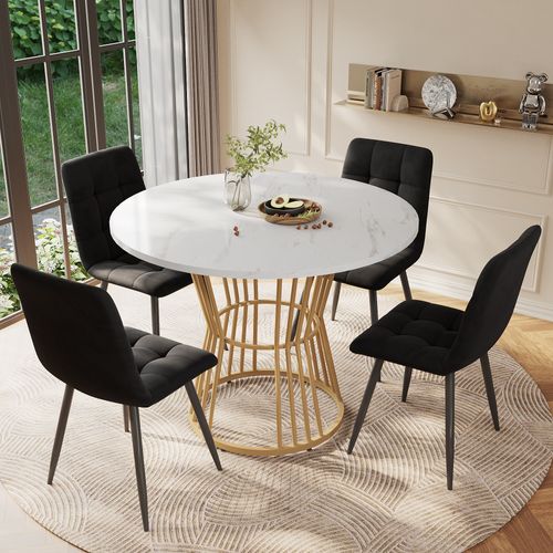 Table à Manger Ronde Avec Plateau Mdf Effet Marbre Et Pieds Métal Doré – Blanc Et Or
