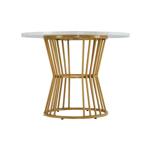 Table à Manger Ronde Avec Plateau Mdf Effet Marbre Et Pieds Métal Doré – Blanc Et Or
