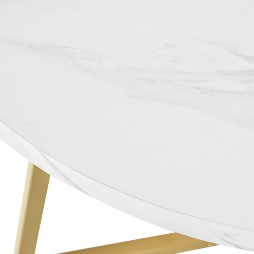 Table à Manger Ronde Avec Plateau En Mdf Motif Marbre Et Pieds Métal – Blanc Et Doré