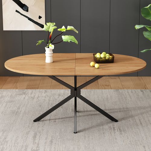 Table à Manger Ovale Avec Pieds Croisés En Métal Noir, Plateau Mdf Marbré – Naturel