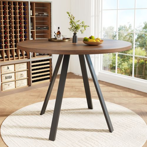 Table à Manger Ronde Avec Pieds En Métal Noirs, Plateau En Bois Finition Noyer – Brun