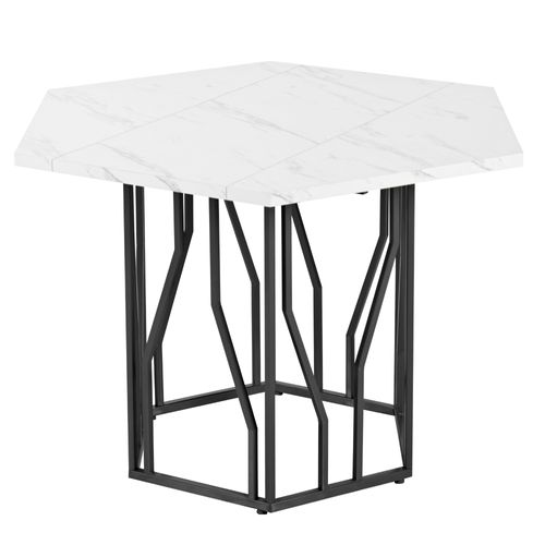 Table Hexagonale 115,5x100x75 Cm, Pieds Métal Noir, Plateau Mdf Lisse – Blanc, Style Moderne