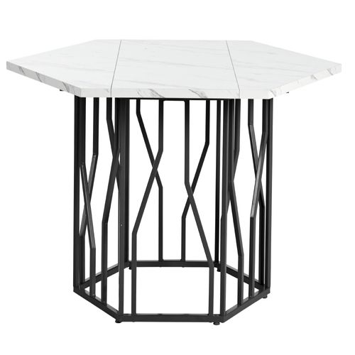 Table Hexagonale 115,5x100x75 Cm, Pieds Métal Noir, Plateau Mdf Lisse – Blanc, Style Moderne
