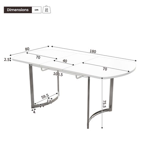 Table Extensible, Plateau Mdf Blanc, Pieds Métal Argenté – 4-6 Personnes, Blanc