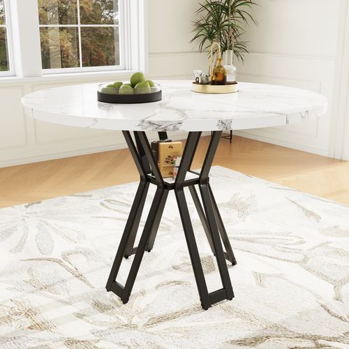 Table à Manger Ronde Avec Pieds Métal Dorés Et Plateau Mdf Effet Marbre – Blanc Et Noir