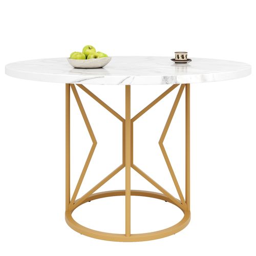 Table à Manger Ronde Avec Pieds Géométriques En Métal Et Plateau Mdf Effet Marbre – Blanc Et Or