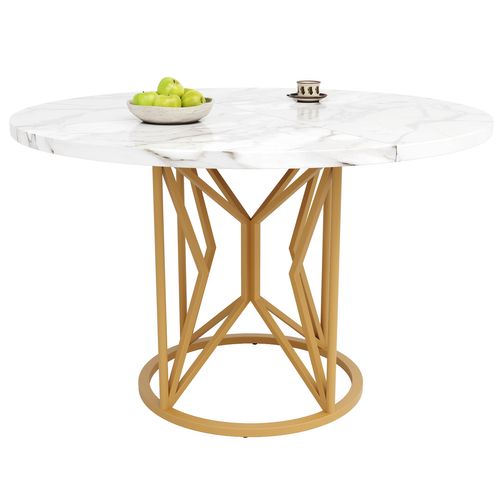 Table à Manger Ronde Avec Pieds Géométriques En Métal Et Plateau Mdf Effet Marbre – Blanc Et Or