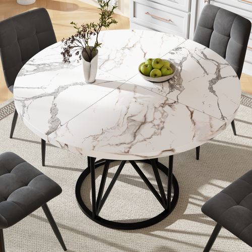 Table à Manger Ronde Avec Pieds Géométriques En Métal Et Plateau Mdf Effet Marbre – Blanc Et Noir