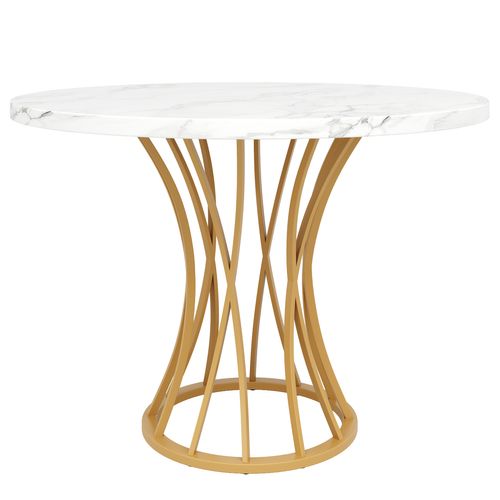 Table Ronde, Pieds Dorés, Plateau Mdf Marbre – Or Et Blanc, Style Moderne