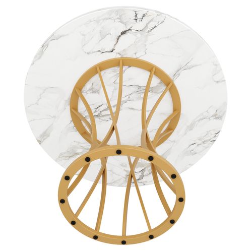 Table Ronde, Pieds Dorés, Plateau Mdf Marbre – Or Et Blanc, Style Moderne