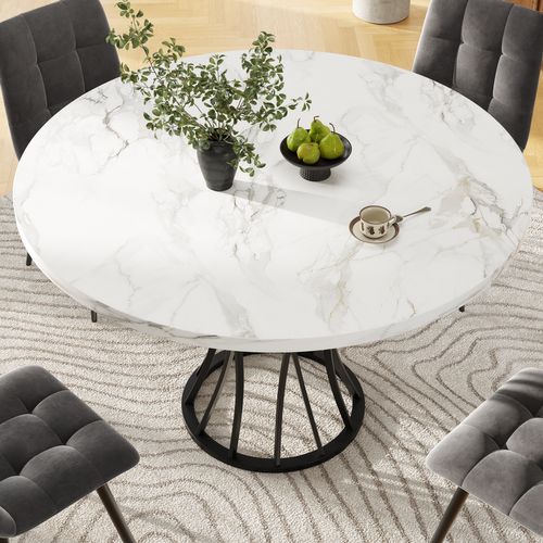 Table Ronde, Pieds Noirs, Plateau Mdf Marbre – Noir Et Blanc, Style Moderne