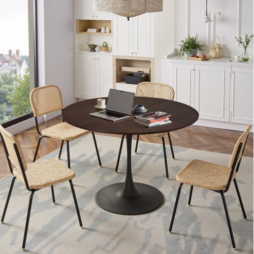 Table Ronde, Plateau Mdf Bois, Base Métal Noir – Brun, Style Moderne