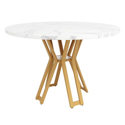 Table Ronde, Plateau Mdf Marbre, Pieds Métal Doré – Blanc Et Or, Design Élégant