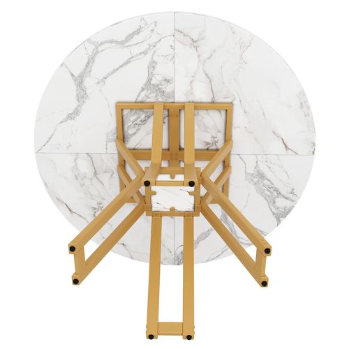 Table Ronde, Plateau Mdf Marbre, Pieds Métal Doré – Blanc Et Or, Design Élégant