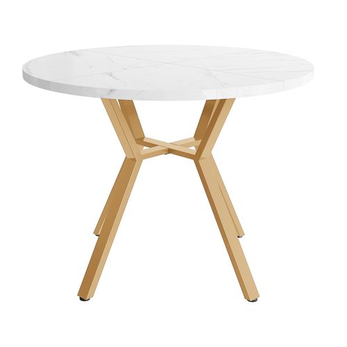 Table Ronde, Plateau Mdf Marbre, Piètement Métal Doré – Or, Style Élégant