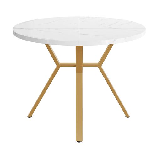 Table Ronde, Plateau Mdf Marbre, Piètement Métal Doré – Or, Style Élégant