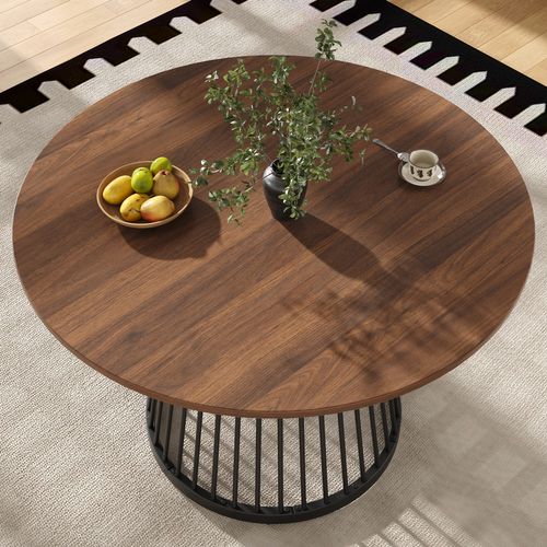 Table à Manger Ronde Avec Plateau Mdf Effet Marbre, Piètement Métal Noir, 80 X 80 X 76 Cm – Noyer