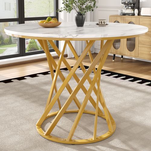 Table à Manger Ronde Avec Plateau Mdf Effet Marbre, Piètement Métal Doré – Blanc Et Or
