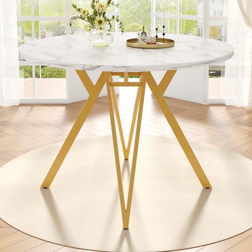Table à Manger Ronde Pour 4 Personnes - 80x80x76 Cm - Plateau MDF Marbré, Pieds Métal Doré - Blanc Et Or