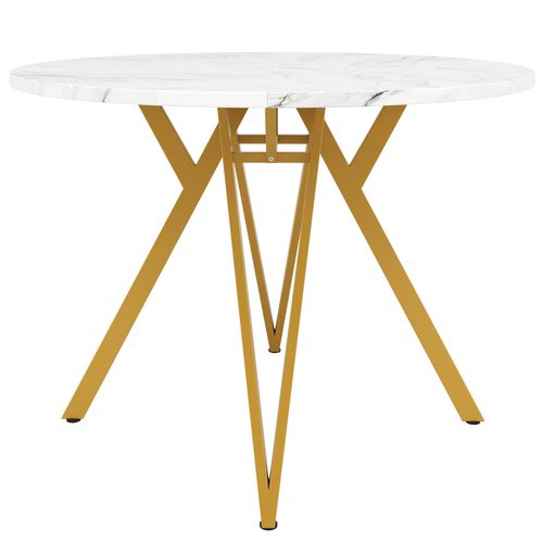 Table Ronde, Plateau Mdf Marbre, Pieds Métal Doré – 4 Pers, Salon Et Cuisine, Or