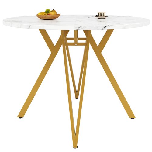 Table Ronde, Plateau Mdf Marbre, Pieds Métal Doré – 4 Pers, Salon Et Cuisine, Or