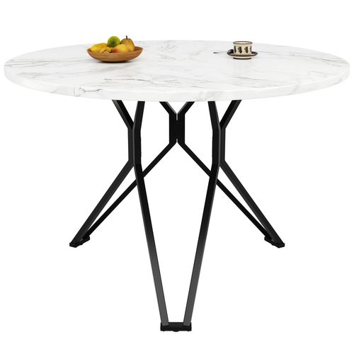 Table Ronde, Plateau Mdf Marbre, Pieds Métal – 4 Pers, Salon Et Cuisine, Noir