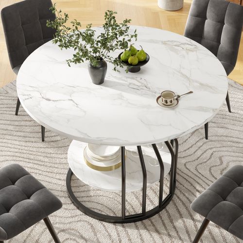 Table Ronde Mdf Marbre – 4 Pers, Noir Et Blanc