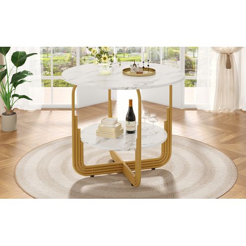 Table Ronde Avec Rangements, Plateau Mdf Marbré – Or, Cuisine Et Salon