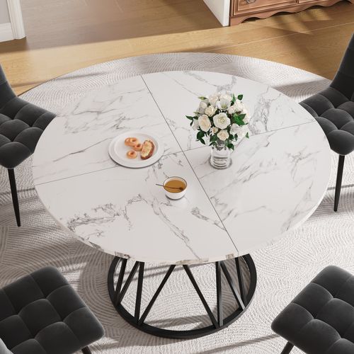 Table à Manger Ronde Avec Pieds Métalliques, Plateau Mdf Motif Marbre Élégant - Noir