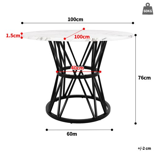 Table à Manger Ronde Avec Pieds Métalliques, Plateau Mdf Motif Marbre Élégant - Noir