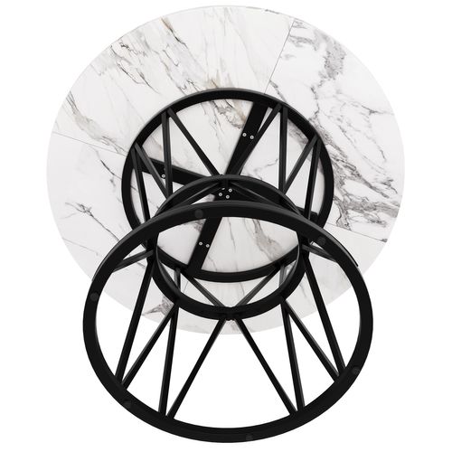 Table à Manger Ronde Avec Pieds Métalliques, Plateau Mdf Motif Marbre Élégant - Noir