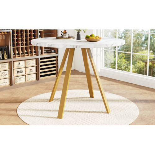 Table à Manger Ronde Avec Pieds Métalliques, Plateau Mdf Élégant, 80 X 80 X 75 Cm - Blanc Et Or