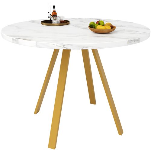 Table à Manger Ronde Avec Pieds Métalliques, Plateau Mdf Élégant, 80 X 80 X 75 Cm - Blanc Et Or