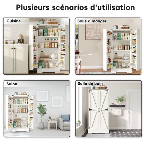 Buffet Cuisine - Buffet De Rangement Avec LED, 2 Portes Battantes, Étagères Réglables, Mdf - Blanc